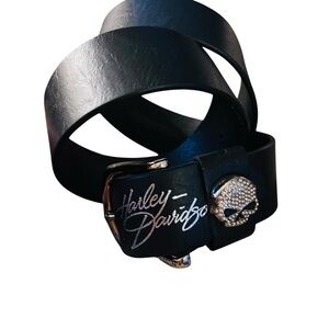 Harley‑Davidson Rock CandyBlack Leather Belt with Silver Rhinestone Skull Accent